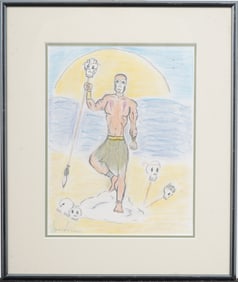 Vintage Tropical School Tribal Beach Scene Framed Outsider Folk Art Original Painting