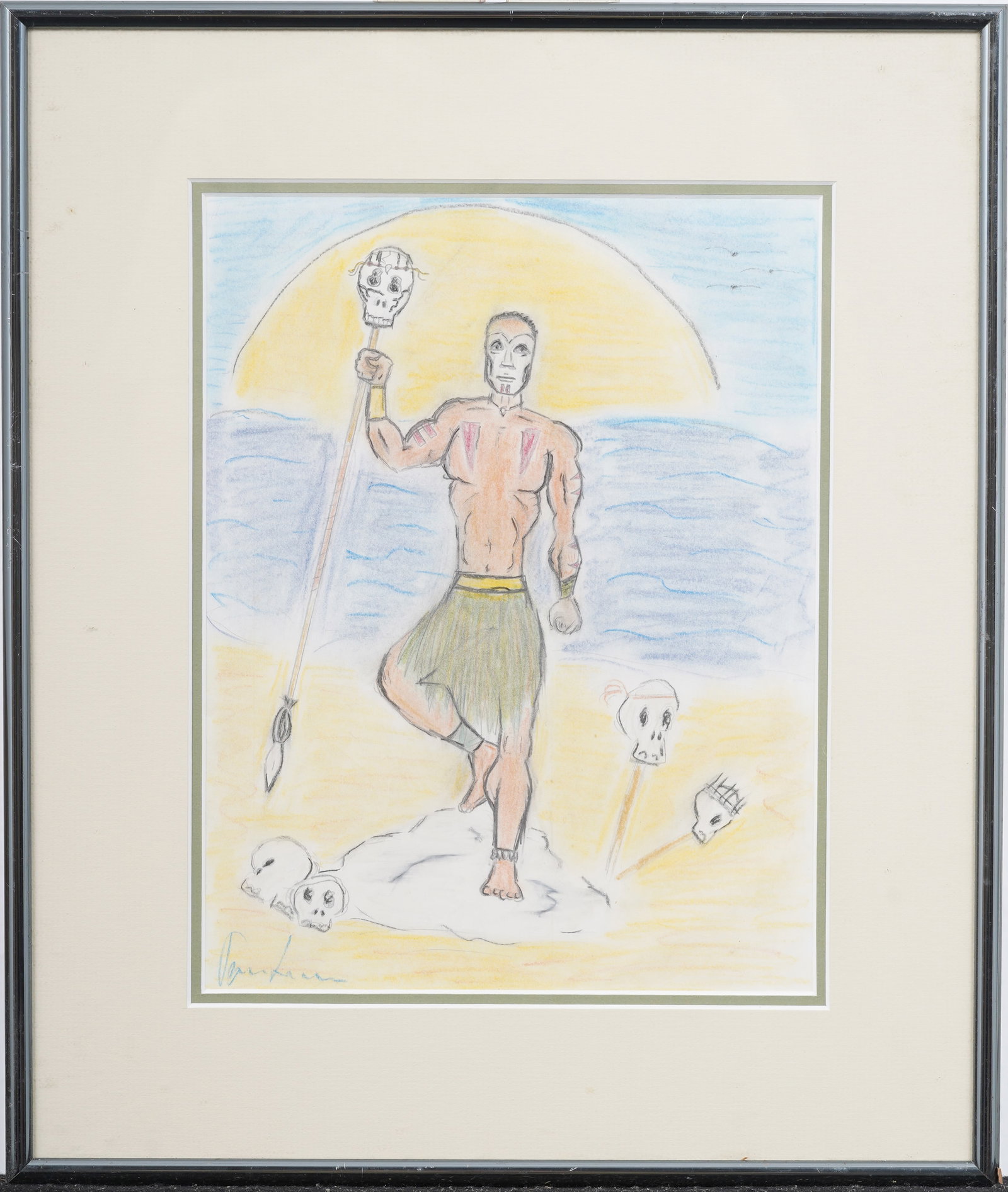 Vintage Tropical School Tribal Beach Scene Framed Outsider Folk Art Original Painting (1 of 5)