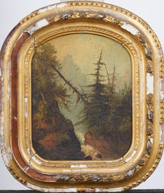 Antique American Hudson River School Western Waterfall Framed Original Landscape Oil Painting