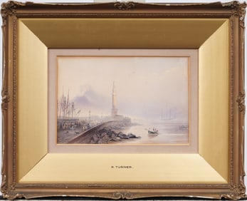 Antique Signed "R. Turner" European Seascape Framed Impressionist Bay of Naples Painting