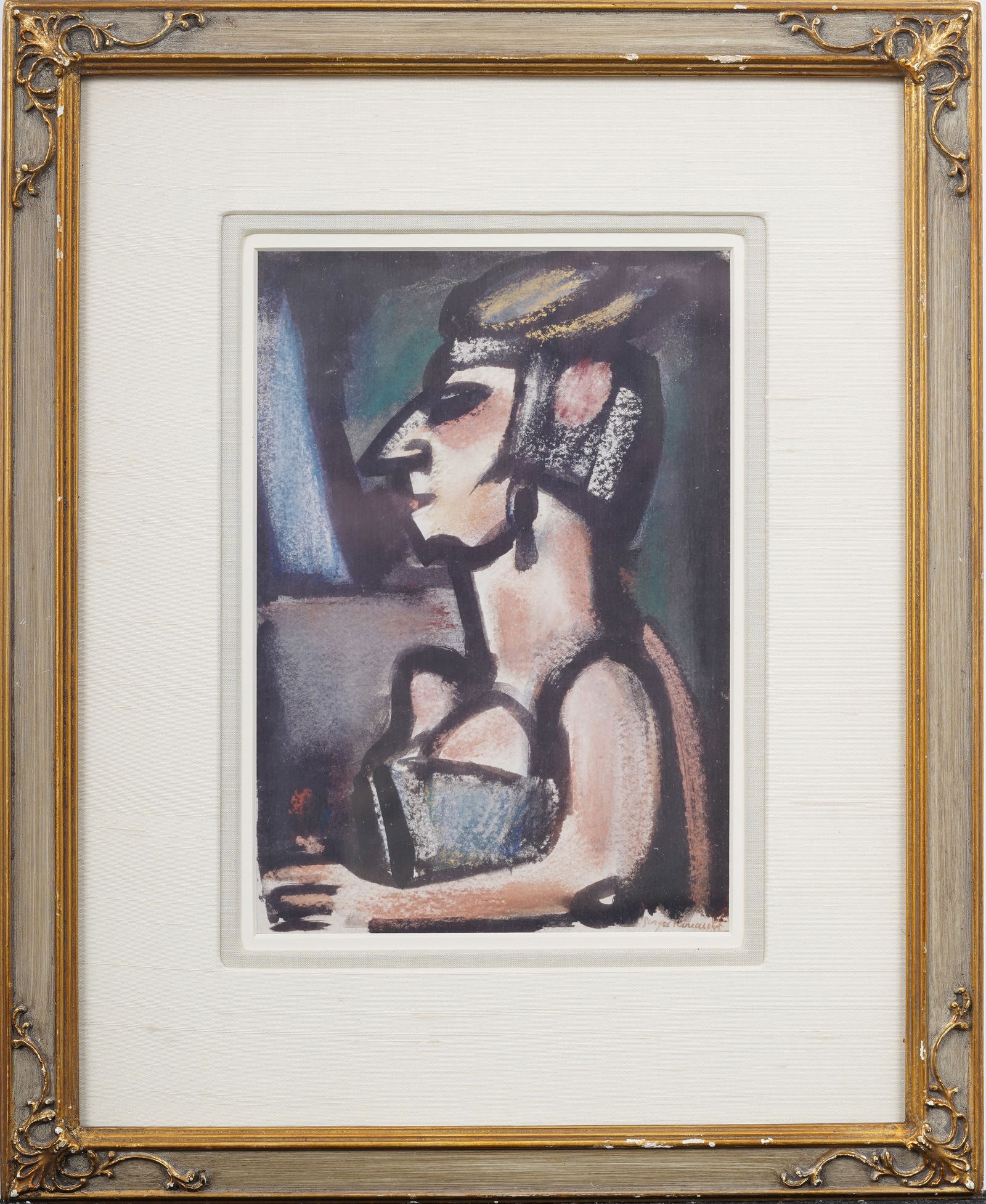 ATTR Georges Rouault (1871 - 1958) Antique French Modernist Abstracted Portrait Painting: Antique French watercolor attributed to Georges Rouault (1871 - 1958). Watercolor on paper. Signed. Framed. Measuring: 16 by 13 inches overall, and 8.5 by 6 painting alone. Please see all images for c