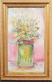 Signed Vintage American School Modernist Framed Flower Still Life Original Oil Painting