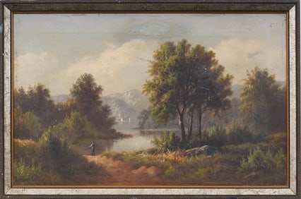 Signed Antique American Hudson River School Framed Landscape Original Oil Painting