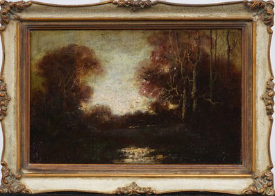 Antique American Early Impressionist Sunset Forest Interior Framed Original Oil Painting