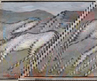 Signed Vintage American or European Horse Farm Landscape Framed Original Oil Painting