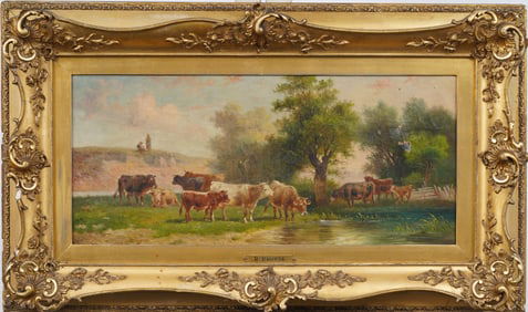 Signed "R. Browne"  Antique European Cows Grazing Bucolic Framed Landscape Original Oil Painting
