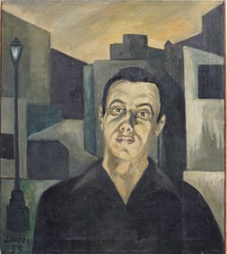 Vintage Signed "Sandro 1959" Italian Modernist Male Portrait Street Scene Original Oil Painting