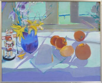 Signed Vintage American School Modernist Flower Still Life Framed Interior Original Oil Painting