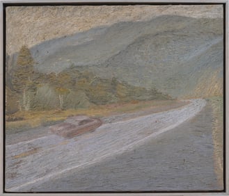 Vintage American School Modernist Vintage Car Landscape Framed Original Oil Painting