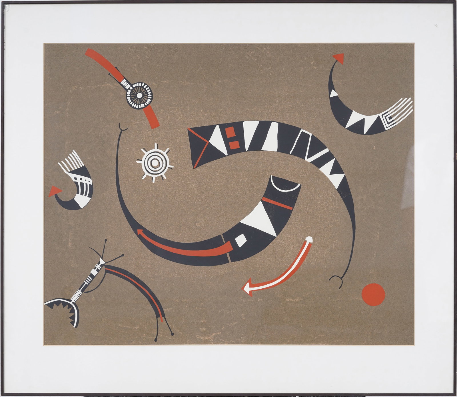Vintage American School Abstract: Vintage American school abstract. Framed. Measuring: 24 by 28 inches overall, and 18 by 23 painting alone. Please see all images for condition. Size is measured and written on the back of the painting