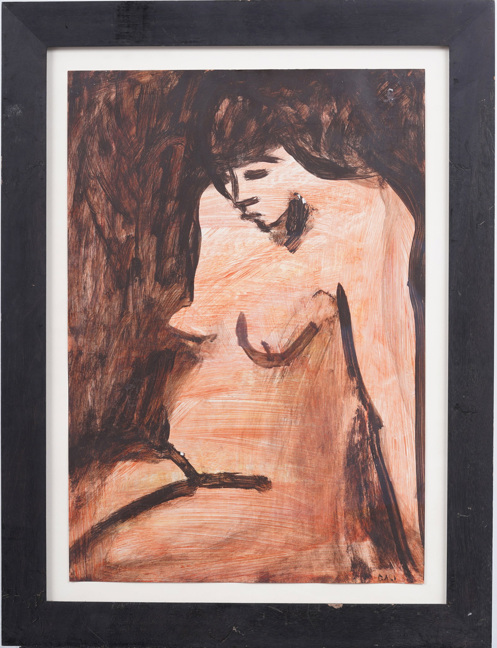 Vintage American Signed Framed Nude Woman Portrait Modernist Original Painting: Vintage American nude painting. Mixed media on paper. Signed. Framed. Measuring: 25 by 19 inches overall, and 19.5 by 13.5 painting alone. Please see all images for condition. Size is measured and wri