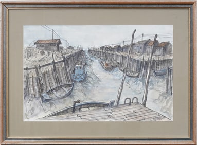 Vintage American School Signed Canal Scene Framed Original Painting