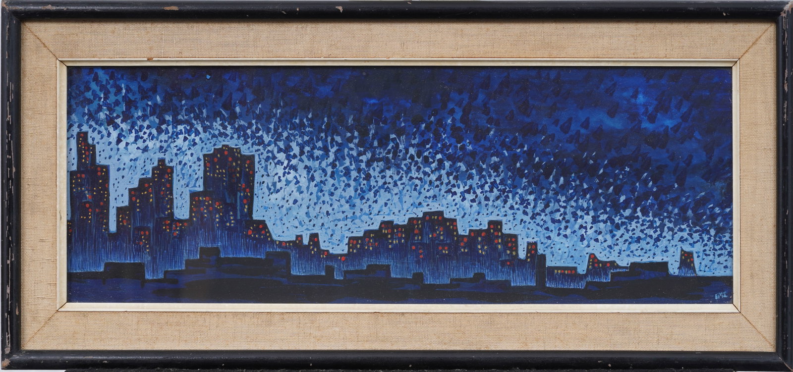 Vintage American School Modernist Cityscape Newman Galleries Provenance Framed Oil Painting: Vintage American modernist cityscape oil painting. Oil on canvasboard. Signed. Framed. Measuring: 9 by 21 inches overall, and 6 by 17.5 painting alone. Please see all images for condition. Size is mea