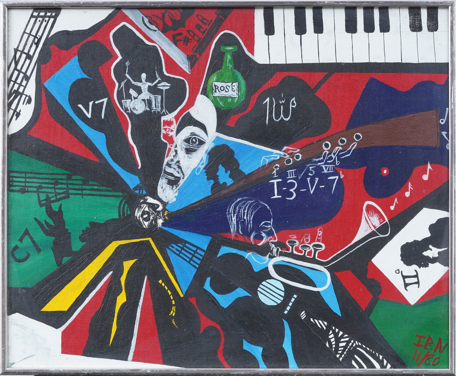 Vintage American Outsider Art Musical Figurative Abstract Jazz Portrait Framed Original Oil Painting (1 of 6)