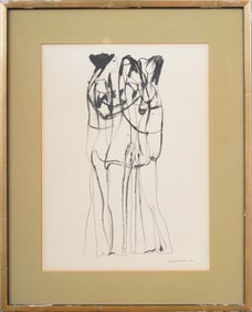 Vintage American Modernist Figural Pen and Ink Framed Art