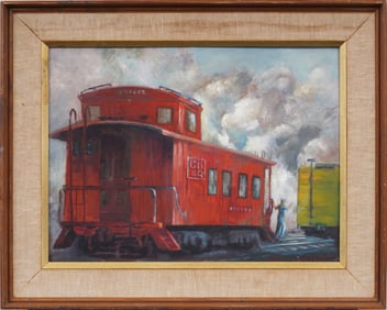 Vintage American Modernist Steam Engine Train WPA Signed Framed Landscape Original Oil Painting