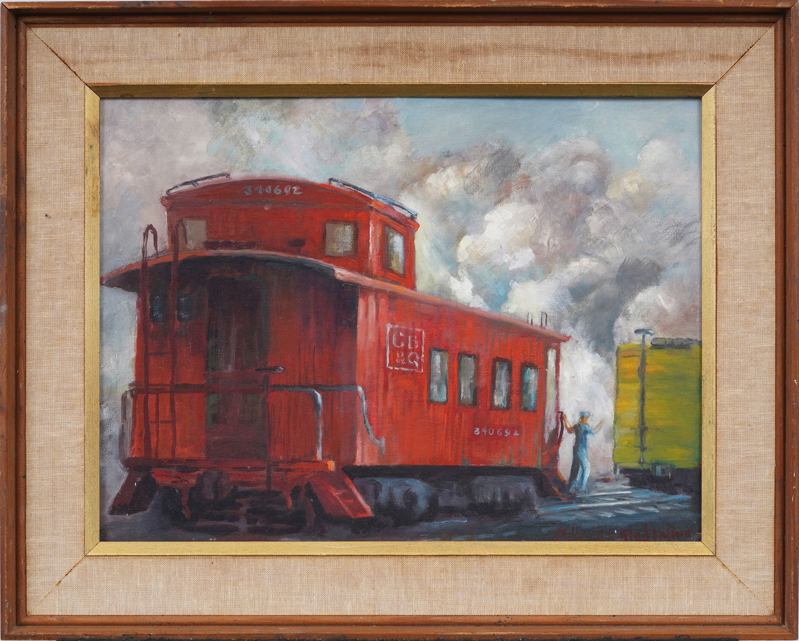 Vintage American Modernist Steam Engine Train WPA Signed Framed Landscape Original Oil Painting (1 of 7)