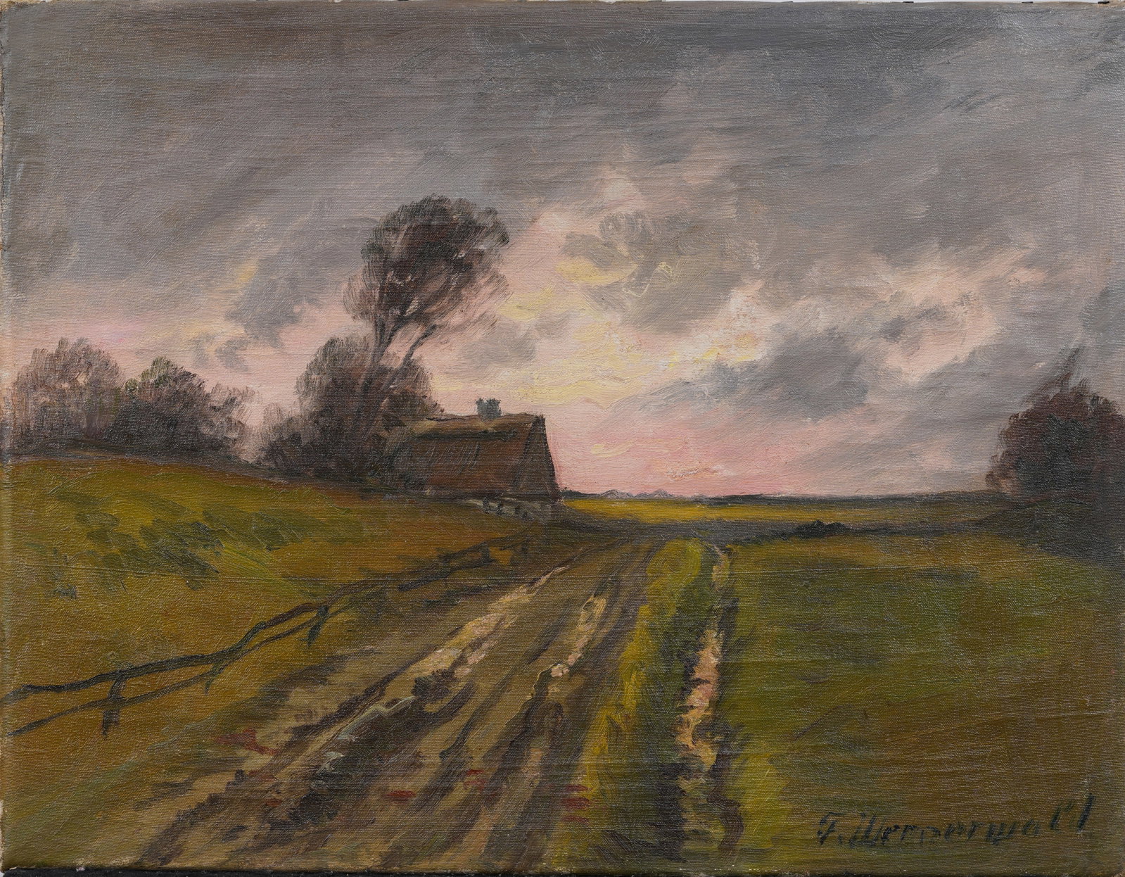 Finn Wennerwald 1896-1969 Antique Danish Sunset Landscape Signed Oil Painting: Antique Danish landscape oil painting. Oil on canvas. Signed. Measuring: 13 by 17 inches overall. Please see all images for condition. Size is measured and written on the back of the painting. The fir