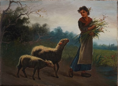 Antique 19th Century American School Sheep Grazing Figure Landscape Original Oil Painting