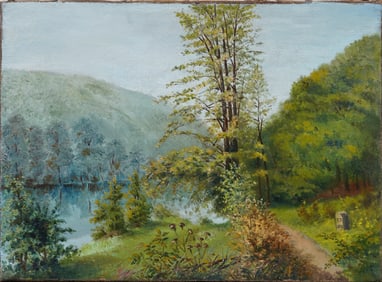 Antique European Monogrammed "E.R. 1889" Mountain River Landscape Original Oil Painting