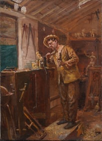 Antique French Impressionist Wood Carver Interior Artist Studio Male Portrait Original Oil Painting