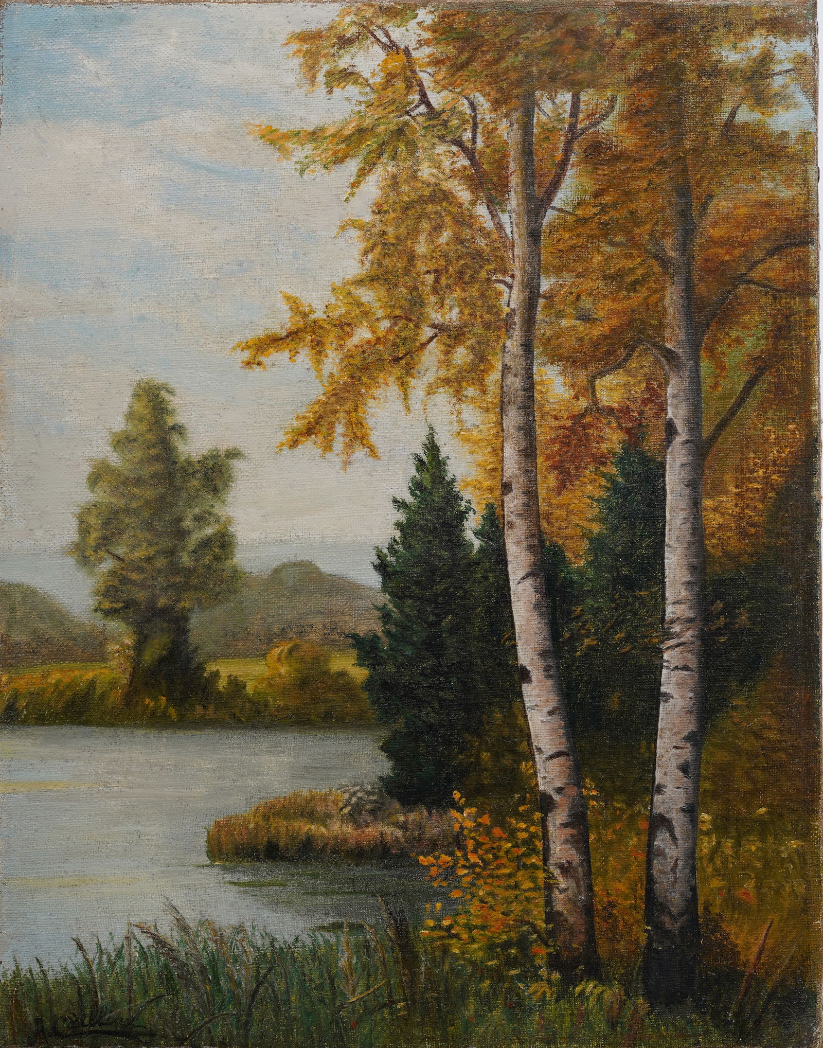 Antique European Impressionist Fall River Landscape Original Oil Painting (1 of 5)