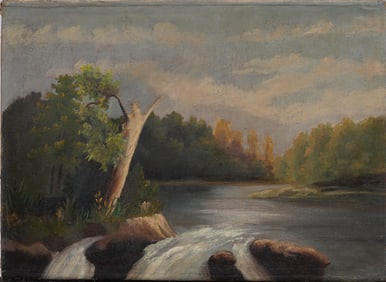Antique American School Folk Art Hudson River School Primitive Landscape Original Oil Painting