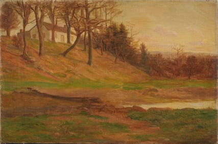 Antique American School Fall Tonalist Farm Landscape Original Oil Painting