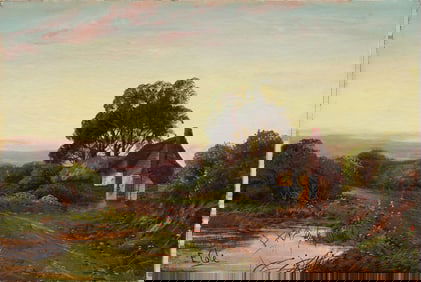 Edwin Cole (Born 1868)  Antique English Sunset Landscape Signed Original Oil Painting