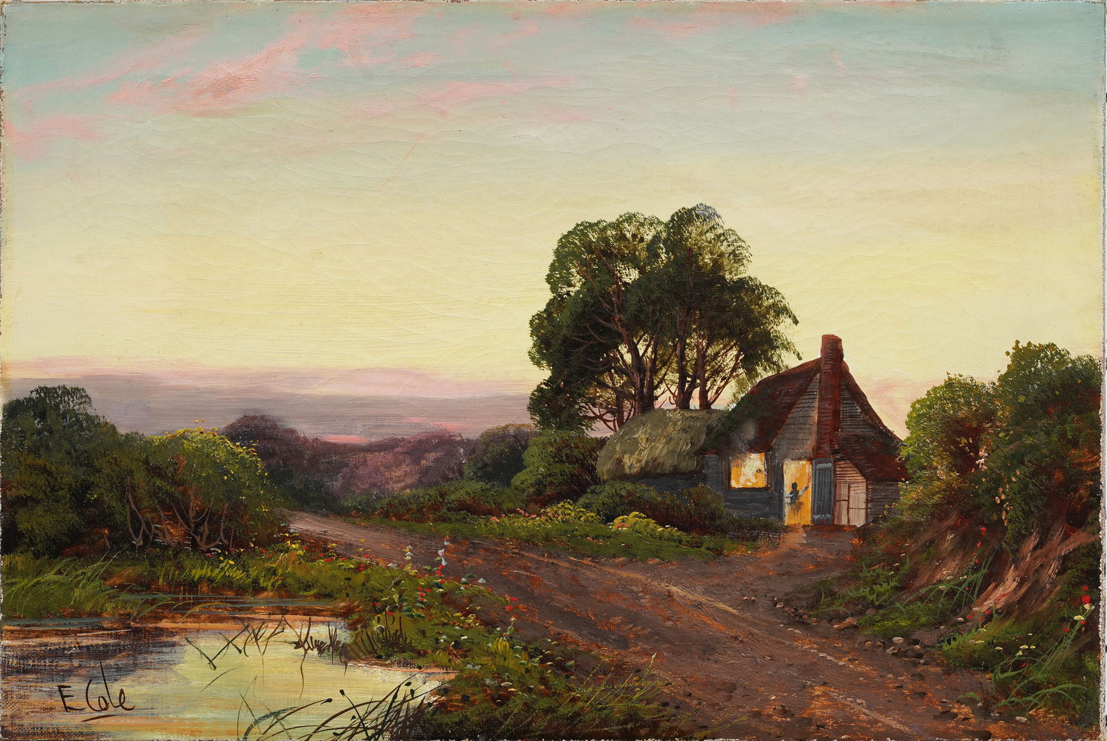 Edwin Cole (Born 1868)  Antique English Sunset Landscape Signed Original Oil Painting (1 of 5)