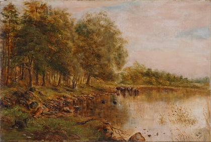 Antique English Cow Grazing Monogrammed River Landscape Original Oil Painting