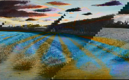 Vintage French Impressionist Lavender Fields Provence Sunset Landscape Oil Painting