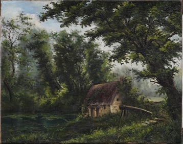 Antique European Impressionist River Landscape Original Oil Painting