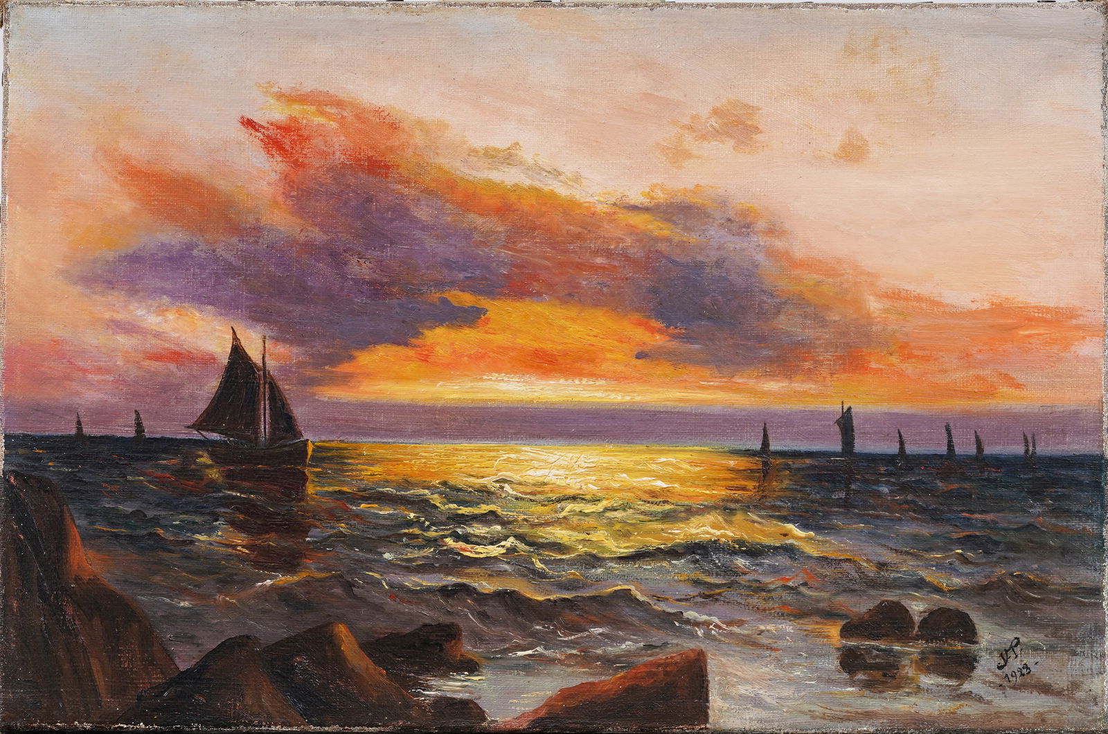 Monogrammed Antique French Impressionist Sunset Beach Scene Seascape Original Oil Painting (1 of 6)