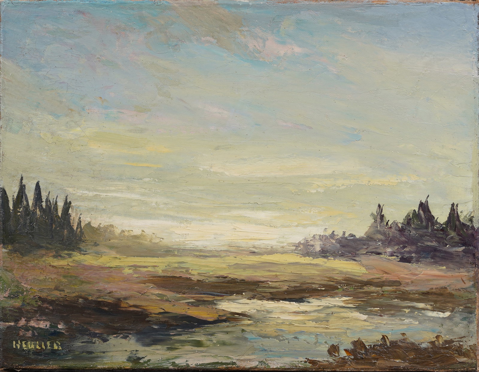 Vintage American School Modernist Signed Landscape Original Oil Painting: Vintage American modernist landscape oil painting. Oil on canvas. Signed. Measuring: 12 by 15 inches overall. Please see all images for condition. Size is measured and written on the back of the paint