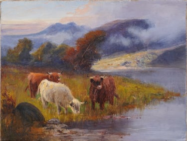William Langley 1852-1922 Antique English Highlands Cattle Grazing Signed Landscape Oil Painting