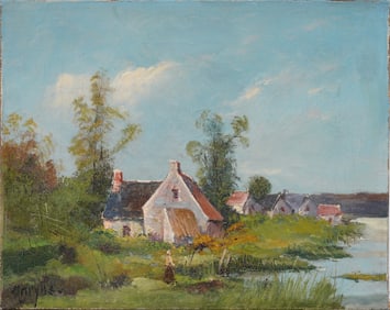 Antique Signed European Impressionist River Landscape Original Oil Painting