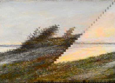 Antique French Impressionist Signed Luminous Coastal Sunset Seascape Oil Painting