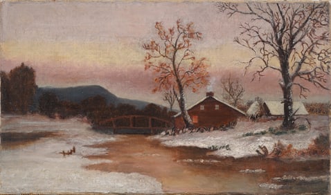 Antique American Folk Art Winter River Landscape Hudson River Primitive Original Oil Painting