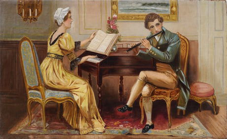 Antique European Interior "The Music Lesson" Genre Scene Original Oil Painting