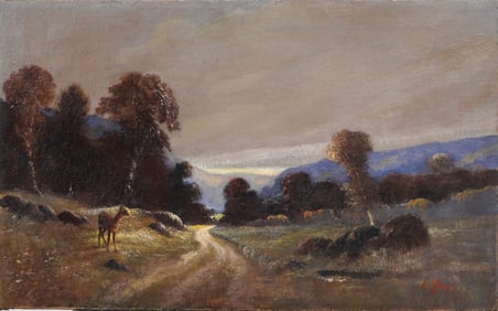 Antique European Impressionist Sunset Deer Grazing Large Landscape Original Oil Painting