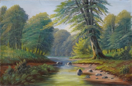 Antique Signed 1920 European River Landscape Summer Day Original Oil Painting