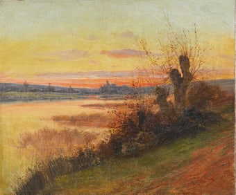 Antique European Sunset River Scene Impressionist Landscape Original Signed Oil Painting