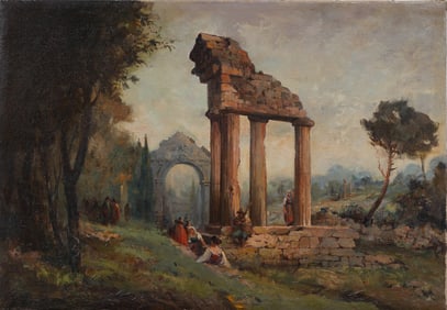 Antique European Classical Ruins Landscape Original Oil Painting