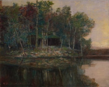 Antique American School Impressionist Lake Landscape Signed Original Oil Painting