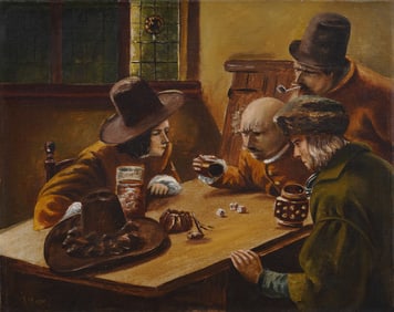 Antique European Genre Scene Gambling Men Portrait Original Oil Painting