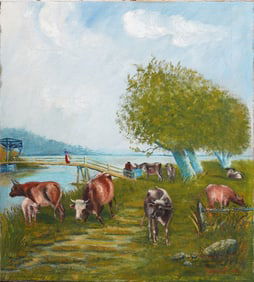 Signed Antique European Cow Grazing Landscape Original Oil Painting
