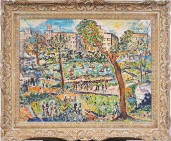 Vintage American Impressionist Bustling Park Scene Large Framed Oil Painting Prendergast Style