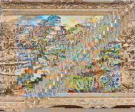 Vintage American Impressionist Bustling Park Scene Large Framed Oil Painting Prendergast Style: Vintage American impressionist landscape oil painting. Oil on board. Apparently unsigned. Framed. Measuring: 29 by 35 inches overall, and 22 by 27.5 painting alone. Please see all images for condition