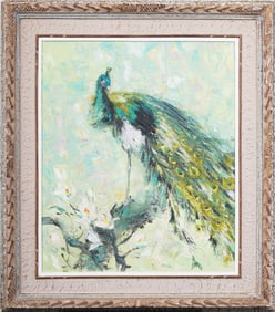 Henry Land Signed American Impressionist Peacock Portrait Tropical Bird Portrait Oil Painting